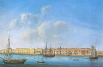 Dvortsovaya Embankment in St.Petersburg. Lithograph by F.-V. Perrott. 1841.