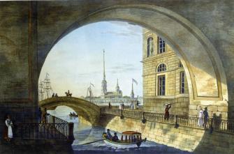 View of Ermitazhny Bridge. Lithograph. 1820s.