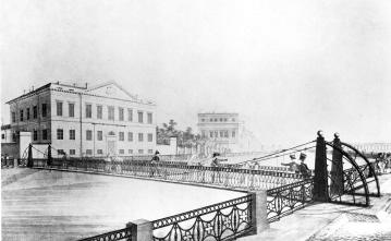 Pochtamtsky Bridge over the Moika River. Lithograph by C.P.Beggrow of V. von Traitteur drawing. 1820s.