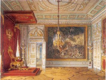 Throne Hall of the Emperor Pavel I. Watercolour by E. Gan. 1879.
