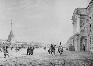 Admiralteyskaya Square. Lithograph by V. Perrott. Circa 1840.