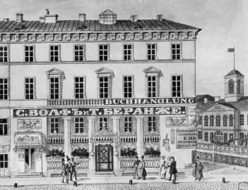 Pastry Shop of S.Wolf and T.Beranger at the Corner of Nevsky Prospect and Moika River Embankment. Lithograph. 1830s.