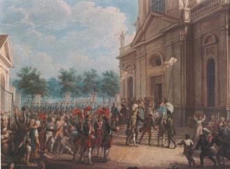Екатерина II на ступенях Казанского собора, приветствуемая духовенством в день восцарения 28 июня 1762 года. Неизвестный художник конца XVIII - первой трети XIX в.