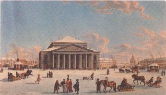 View of Bolshoy Theater in St.Petersburg. Engraving by G.L.Laurie, M.G.Laurie of the originl by I.G.Mayr. The 1800s.