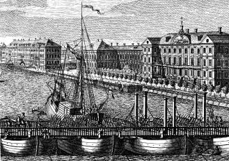 View of the Neva River and the pontoon bridge. Engraving by Y.V.Vasilyev from the drawing by M.I.Makhaev. 1753. Fragment.