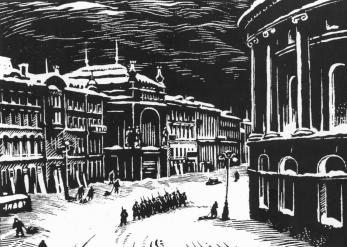 Siege of Leningrad. Nevsky Prospect. Woodcut by S.B.Yudovin. 1943.