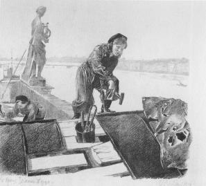 Restorers on the roof of the Winter Palace. Lithograph by A.F.Pakhomov. 1940s.