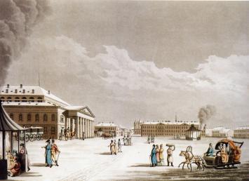 Teatralnaya Square. Engraving by D.Clark and M.Du Bourg from the original of Mornay. 1815.