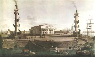 View of the Port and the Stock Exchange from the Neva River. Engraving by I. V. Chesky from the drawing by M. I. Shatoshnikov. 1817.