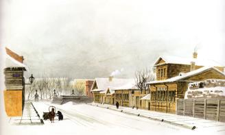 "Вид Манежного переулка". Акварель Ф. Ф. Баганца. 1860-62.