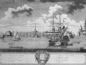 View of the Admiralty form the River. Engraving by О. Elliger. 1729.