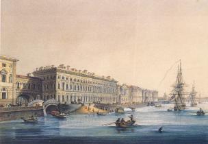 View of the Palace Embankment by the Winter Canal. Lithograph by K.P.Beggrow. 2nd half of  1820-1830s.