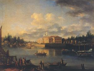 View of the Kamennoostrovsky Palace across the Bolshaya Nevka River from Stroganovskaya Embankment. By Semen F.Shchedrin. 1803.