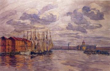 View of the Malaya Neva River from the Tuchkov Bridge. Painter A.P.Ostroumova-Lebedeva. 1912.