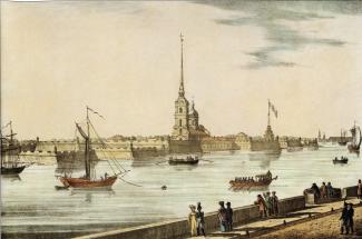 Peter&Paul Fortress from the Dvortsovaya Embankment. Lithograph. 1822.