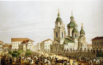 View of the Sennaya Square with the Church. Watercolour by A. P. Beggrow from the original of A.P.Bryullov. 2nd half of 1820s.