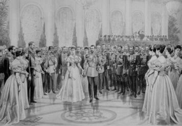 Придворный бал в Николаевском зале Зимнего дворца. Рисунок К.О.Брожа. 1896