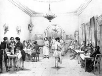 Hotel Restaurant. Lithograph by V. Adams from the drawing by C. Mittreiter. The mid-19th century.