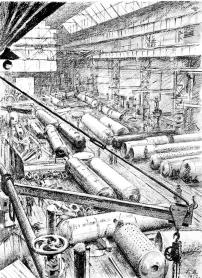 Boiler Shop of the Leningrad Steel Works. Lithograph by G.S.Vereysky. 1927.