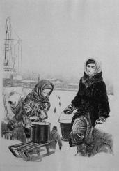 A.F.Pakhomov. Getting Water from the Neva. Lithograph. 1942.
