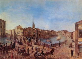 Gorokhovaya Street by Krasny Bridge across the Moika River. Watercolour, author unknown. 1820s.