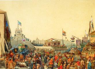 Show Booths on Admiralteiskaya Square. Watercolour by V.S.Sadovnikov. 1849.