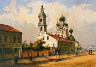 Holy Annunciation Church on Vasilievsky Island. Lithograph by F.-V.Perrott. 1840s.