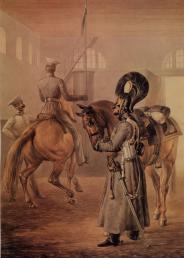 In the Manege of the Cuirassier Life Guards Regiment. Watercolour by A.I.Sauerweid. 1830s.