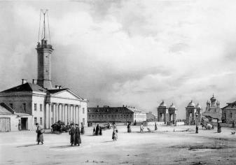 Officers' Apartment House of Kolomenskaya Police-Station and Staro-Kalinkin Bridge. Lithograph by F.-V.Perrott from the original by N.K.Chernetsov. 1841.
