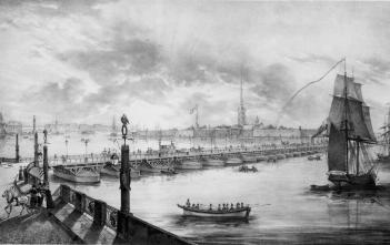Troitsky Pontoon Bridge. Lithograph. 1820s.