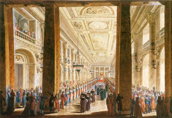 Empress Catherine II Receiving Turkish Embassy in the Winter Palace. Watercolour by A.N.Voronikhin. 1793.
