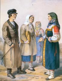 Ingrians in National Costume. Drawing, the mid-19th century.