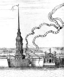 D.Trezzini. SS. Peter&Paul Cathedral and the Petrovskie Gates of Peter&Paul Fortress. A fragment of Saint Petersburg Panorama. Engraving by A.F.Zubov, 1716.