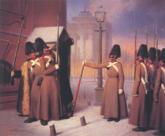 Changing of the Guard of Izmailovsky Life Guards Regiment by the Winter Palace. By A.Gebens. 1850.