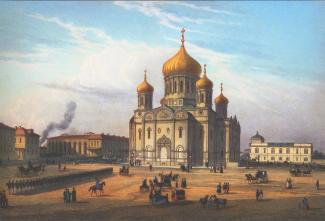 Presentation of the Holy Virgin Church in Semenovsky Regiment. Lithograph by J.Jacotte from the drawing by I.I.Charlemagne. 1850s.