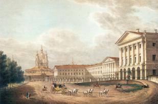 Smolny Institute. Lithograph by C.P.Beggrow from the original by S.F.Galaktionov. 1823.