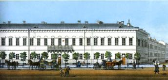 Demidovskaya Hotel. A fragment of The panorama of Nevsky Prospect. Lithograph by P.S.Ivanov from the drawing by V.S.Sadovnikov. 1835.