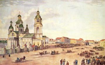Вид сенной площади в Санкт-Петербурге. Раскрашенная гравюра И.А.Иванова. 1814.