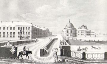 Вид на Измайловский мост и на казармы. Гравюра по рисунку М.-Ф.Дамам-Демартре. 1810-е гг.