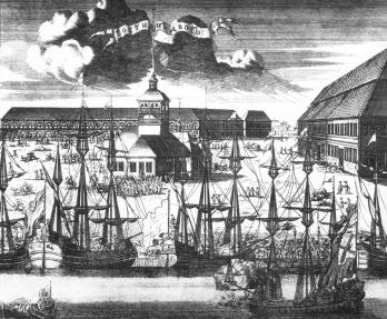 "Троицкая площадь на Городовом острове". Гравюра А. И. Ростовцева. 1716.