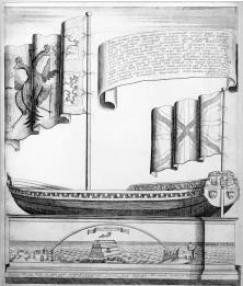 Boat of Peter the Great.Engraving by I.F.Zubov of the drawing by I.P.Zarudny. 1722.