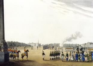 "Марсово поле". Гравюра М. Дюбурга и Д. Кларка с оригинала Морнея. 1815.