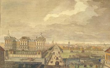 Anichkov Palace and Nevsky Prospect from Fontanka Banks. Engraving by Y.V.Vasilyev of the drawing by M.I.Makhaev.1753.