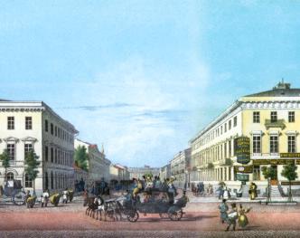 Bolshaya Konyushennaya Street. The Panorama of Nevsky Prospect, fragment. Lithograph by P.S.Ivanov from the drawing by V.S. Sadovnikov. 1835.