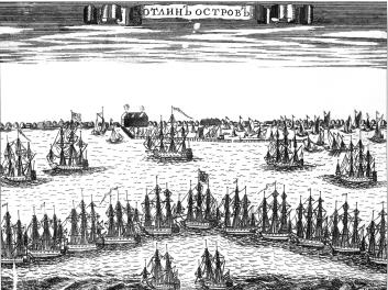 Kotlin Island. Engraving by A. I. Rostovtsev. Circ. 1716.