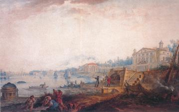 Summer Residence of I. A. Bezborodko in Polyustrovo. Watercolour by G.S.Sergeev. 1800.