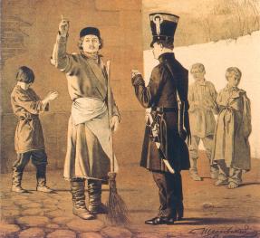 Janitor and Postman. Lithograph by I.S.Bondarevsky. 1846.