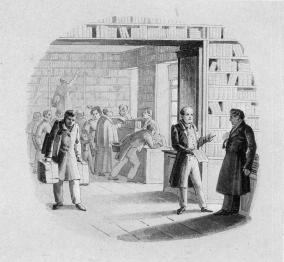 At the Shop of A.F.Smirdin on Nevsky Prospect. Drawing by A.P.Sapozhnikov. 1833-34.