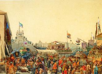 "Балаганы на Адмиралтейской площади". Акварель В. С. Садовникова. 1849.