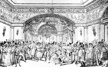 Costume ball. Lithograph by I.Vdovichev and N.Vdovichev. 1820s.